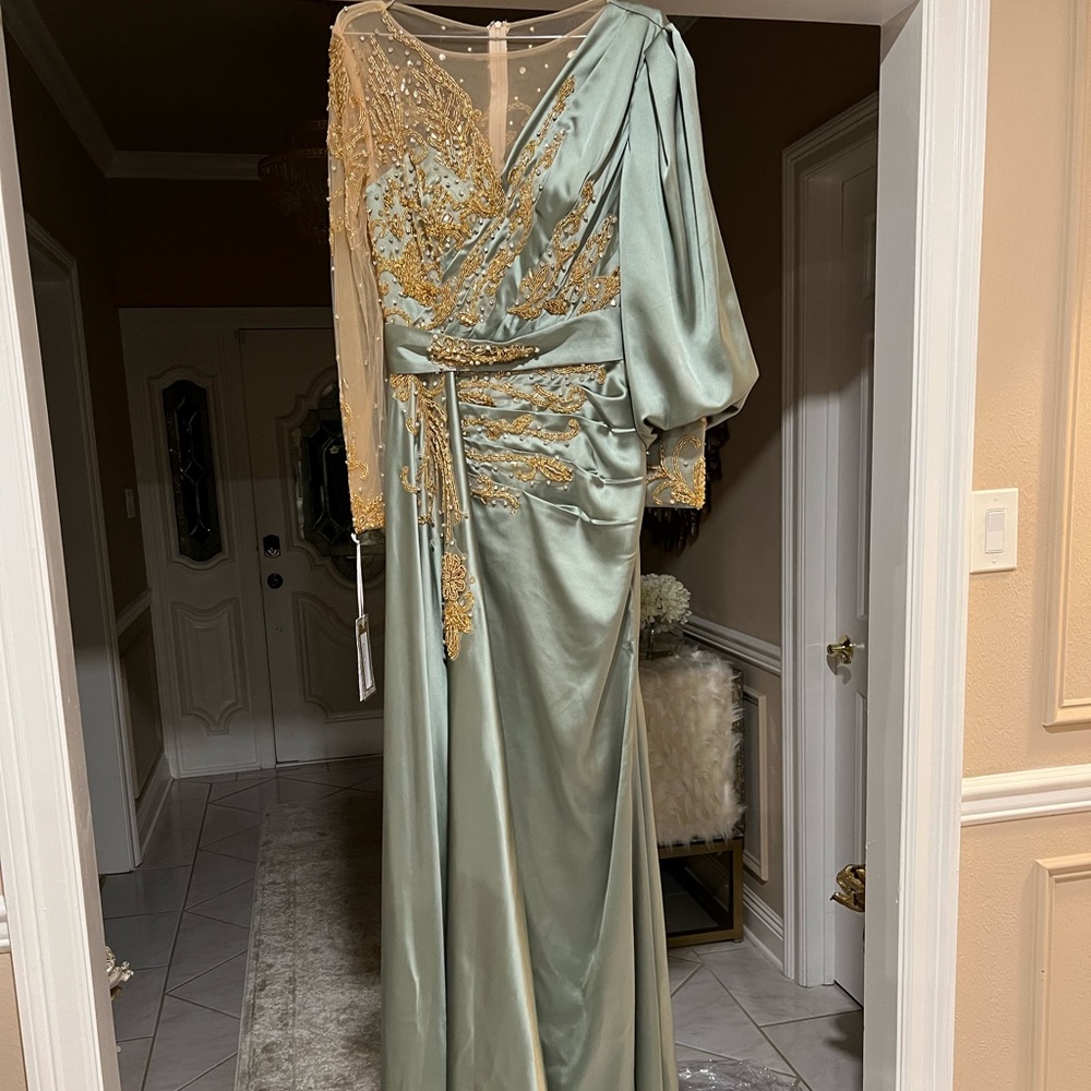 Sage green gold embellishment satin dress